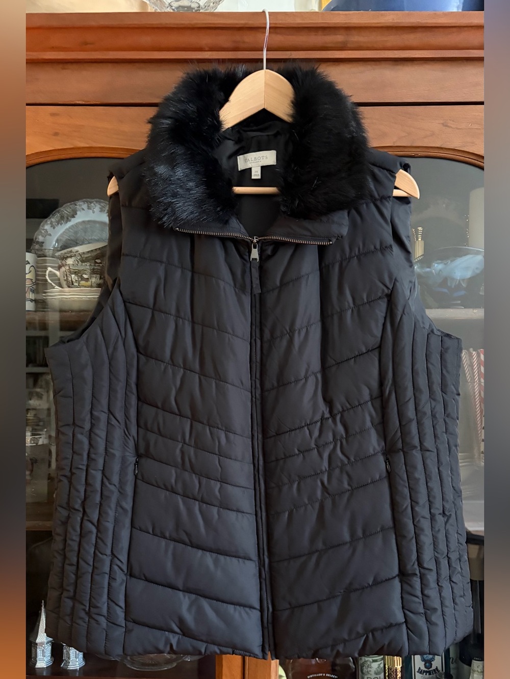 Talbots Black Quilted Vest with Faux-Fur Collar